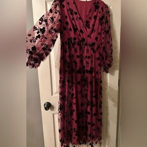 Dressy burgundy with black velvet cutout print flowers.  Size 12  maxi dress